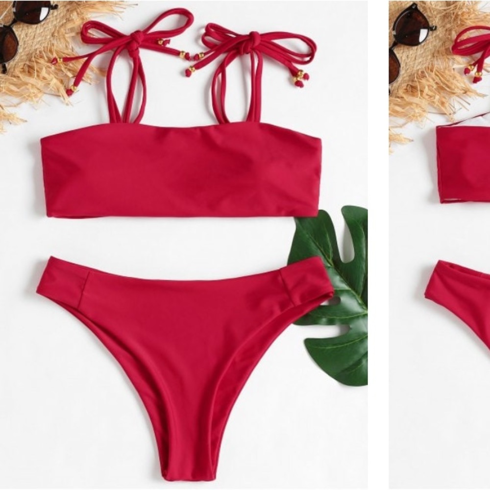 Tie Shoulders Ribbed Bikini- Large
